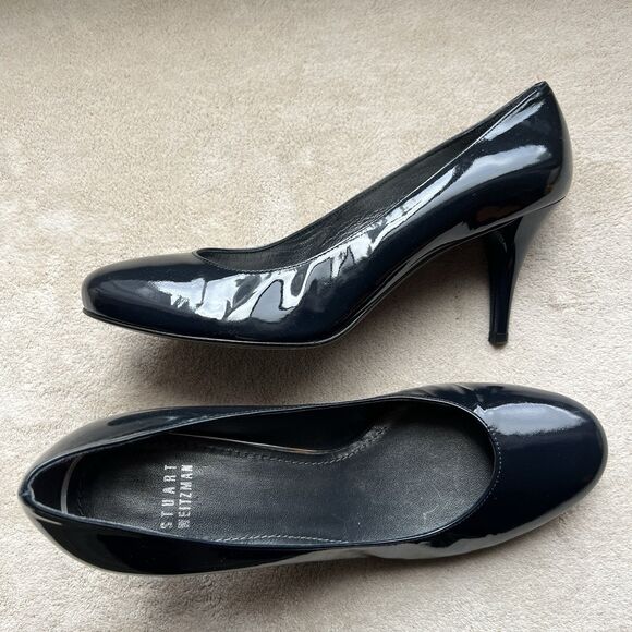 Stuart Weitzman Dark Navy Blue Patent Leather Heel Pumps Women 7.5 W Rounded Toe - Picture 15 of 15